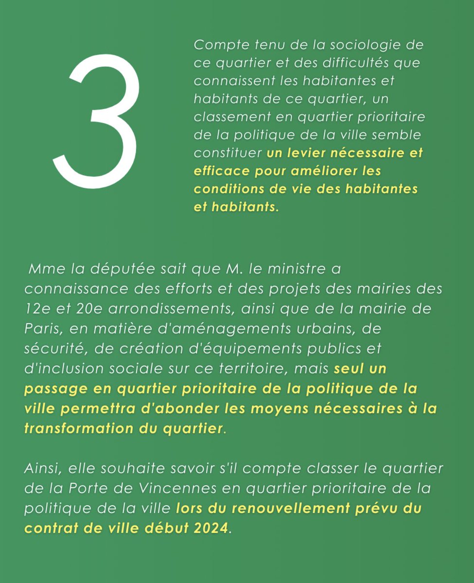 Les difficultés socio-économiques que connaissent les habitant•es du quartier #PorteDeVincennes nécessitent une attention particulière de l’État.
J’interpelle <a href="/OlivierKlein93/">Olivier Klein</a>, Ministre de la Ville pour un classement en QPV de ce quartier
Ma question écrite ⬇️
#Paris12 #Paris20