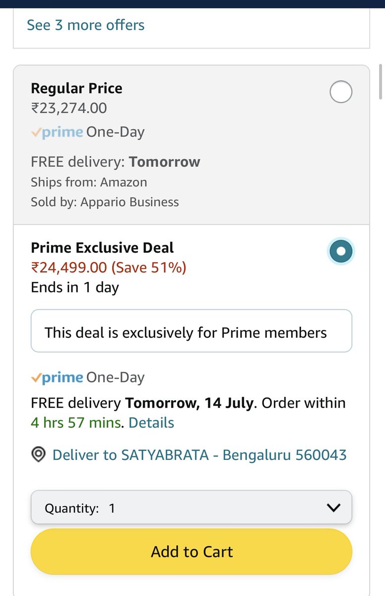 SatyabSamal's tweet photo. Dear #AmazonIndia if you could please explain this? 
How is the regular price cheaper than the #primeday2023   exclusive deal? 

Is it a #glitch  in the #AmazonDeals pricing system or a known #SCAM in the name of #PrimeDay2023 sale.

#AmazonDeals #PrimeDay2023 #AmazonPrimeDay https://t.co/V2yccG6Y02
