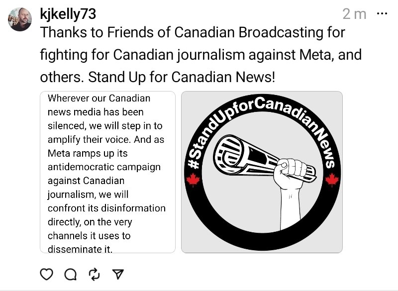 Spotted on my Threads. Thanks @friendscb for helping me use Meta to send an important message to Meta. #standupforcanadiannews