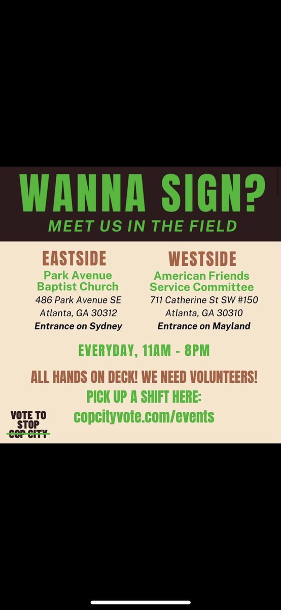 registered to vote in Atlanta in 2021 and think Cop City should be decided by the people? you can sign the petition at multiple locations, and I’ll be sitting outside at Muchacho for a few hours (starting now) if you’re in the area and want to swing by and sign, takes NO time