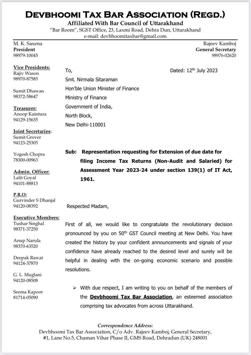 sumitgrv's tweet photo. @FinMinIndia @IncomeTaxIndia @nsitharamanoffc
Representation requesting for Extension of due date for filing Income Tax Returns (Non-Audit and Salaried) for Assessment Year 2023-24 under section 139(1) of IT Act.
@narendramodi @ArvindKejriwal @pushkardhami @SukhuSukhvinder https://t.co/oLB8NLmWHw
