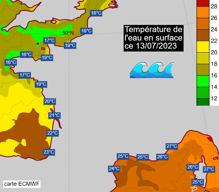Meteovilles's tweet photo. 🌊 Avec la #canicule, la température de la #Méditerranée ne cesse de grimper. On mesure jusqu'à 27°C dans l'eau entre la côte d'Azur et la Corse ! Notons aussi 23°C sur les plages basques ! (via ECWMF)