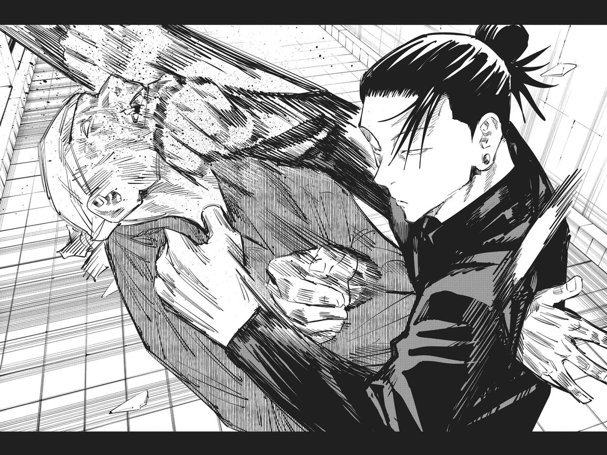 getosfav's tweet photo. I still want to know what gege was smoking when he decided to dedicate 2 back to back spreads of suguru beating the shit out of an old man https://t.co/fDlJnezsrr