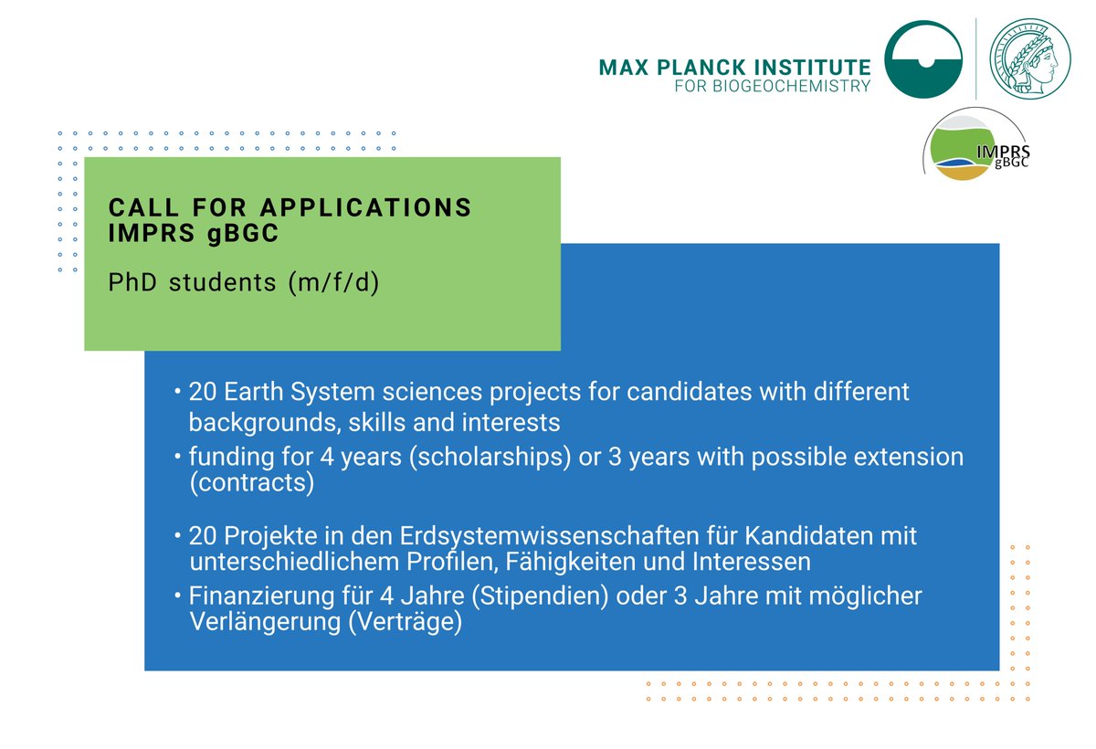 Max Planck Institute for Biogeochemistry (@mpi_bgc) on Twitter photo Are you looking for a #PhDposition🎓 in #EarthSystemSciences🌎? We just released the newest call!
Learn more about our #IMPRS graduate school, the 20 different projects we offer,  and the application process: bgc-jena.mpg.de/en/imprs
📅Apply by Aug 21.
#joboffer - please share! Are you looking for a #PhDposition🎓 in #EarthSystemSciences🌎? We just released the newest call!
Learn more about our #IMPRS graduate school, the 20 different projects we offer,  and the application process: bgc-jena.mpg.de/en/imprs
📅Apply by Aug 21.
#joboffer - please share!