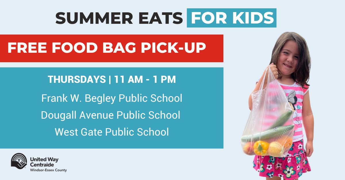 United Way Windsor-Essex Chatham-Kent (@unitedwayweck) on Twitter photo 🌞 TODAY! Summer Eats for Kids FREE Food Pick-Up!
📅 Thursdays
📍 Locations: Frank W. Begley, Dougall Avenue & West Gate Public Schools
⏰ Time: 11:00am - 1:00pm
#YQG #SummerEats4Kids
<a href="/CityWindsorON/">City of Windsor</a> <a href="/windsoriteDOTca/">windsoriteDOTca News</a> <a href="/AM800CKLW/">AM800 CKLW</a> <a href="/CBCWindsor/">CBC Windsor</a> <a href="/CTVWindsor/">CTV Windsor</a> <a href="/VirginRadioWin/">Virgin Radio Windsor</a> 🌞 TODAY! Summer Eats for Kids FREE Food Pick-Up!
📅 Thursdays
📍 Locations: Frank W. Begley, Dougall Avenue & West Gate Public Schools
⏰ Time: 11:00am - 1:00pm
#YQG #SummerEats4Kids
<a href="/CityWindsorON/">City of Windsor</a> <a href="/windsoriteDOTca/">windsoriteDOTca News</a> <a href="/AM800CKLW/">AM800 CKLW</a> <a href="/CBCWindsor/">CBC Windsor</a> <a href="/CTVWindsor/">CTV Windsor</a> <a href="/VirginRadioWin/">Virgin Radio Windsor</a>