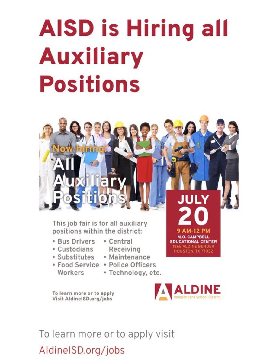 Keena S. Bradley, Ph.D. (@ksb_phd) on Twitter photo WE ARE HIRING! Join us for our Auxiliary Job Fair! <a href="/AldineISD/">Aldine ISD</a> <a href="/AldineHR/">Aldine HR</a> <a href="/MarciaH20879138/">Marcia Herrera</a> WE ARE HIRING! Join us for our Auxiliary Job Fair! <a href="/AldineISD/">Aldine ISD</a> <a href="/AldineHR/">Aldine HR</a> <a href="/MarciaH20879138/">Marcia Herrera</a>