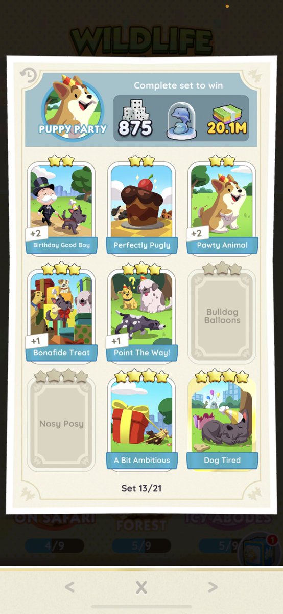 yourexcellencyA's tweet photo. Can anyone take a look what i’m missing?
Need :
-wildlife tour
-bulldog balloons
-nosy posy
-purfect fit

Let’s trade! #MonopolyGo @MGoTrading https://t.co/aIk1KULrgY