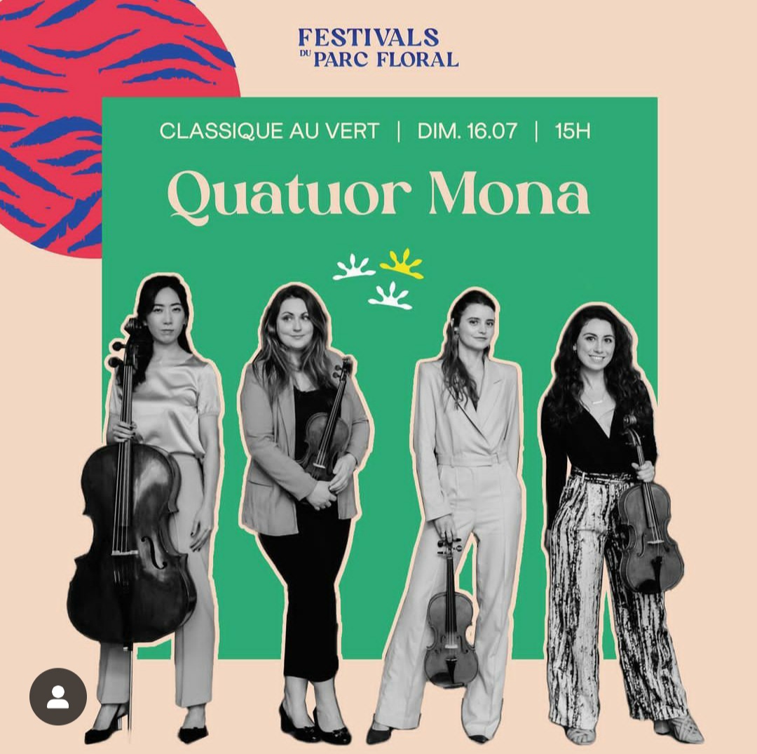 ProQuartet - Compte clôturé en juillet 2023 (@proquartetcemc) on Twitter photo Après le <a href="/TrioErnest/">Ernest Trio</a> dimanche dernier, c'est au tour de notre résident le Quatuor Mona de vous donner rendez-vous dimanche à 15h dans le cadre du festival @ClassiqueauVert, pour clôturer ce long weekend par un concert gratuit au Parc Floral ! Après le <a href="/TrioErnest/">Ernest Trio</a> dimanche dernier, c'est au tour de notre résident le Quatuor Mona de vous donner rendez-vous dimanche à 15h dans le cadre du festival @ClassiqueauVert, pour clôturer ce long weekend par un concert gratuit au Parc Floral !