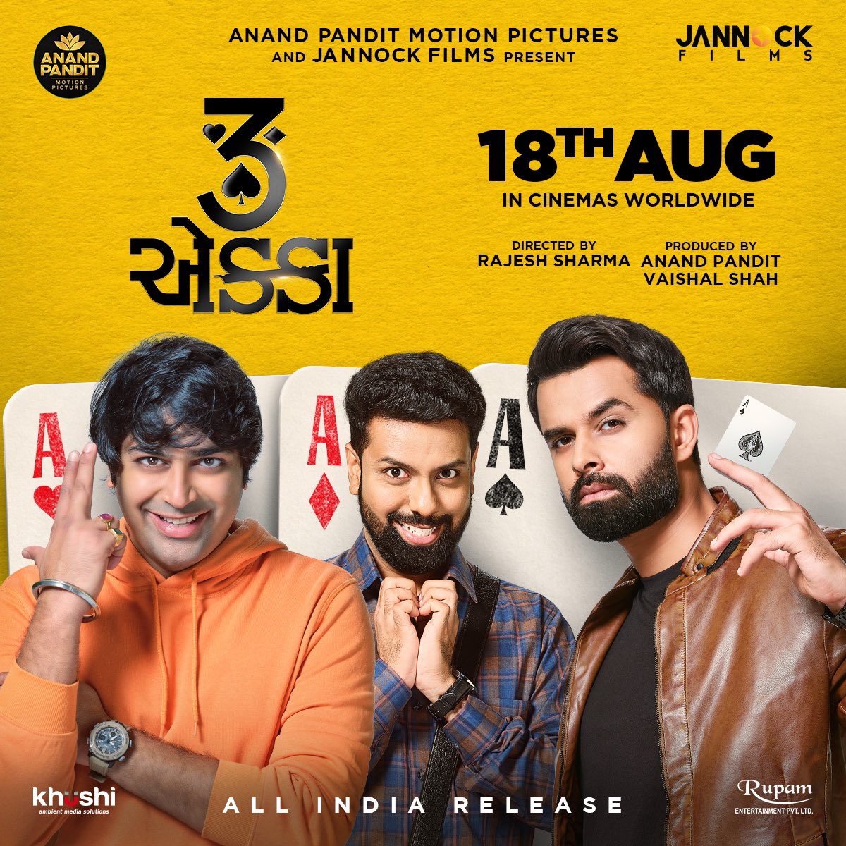 PPMoviez's tweet photo. After the super-success of #Gujarati films #ChhelloDivas and #ShuThayu?, #YashSoni, #MalharThakar and #MitraGadhvi reunite for #3Ekka… Produced by #AnandPandit and #VaishalShah… Directed by #RajeshSharma… 18 Aug 2023 release. https://t.co/iMxqahUepr