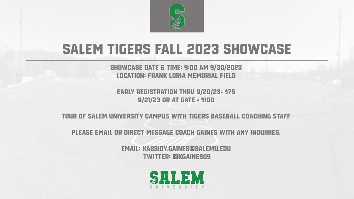 🗣️Early Bird Registration Starts Today🗣️

🐅Spend a day showcasing your abilities with the Salem Tigers Baseball Program 🐅

OPEN TO 2024 &amp; 2025 GRAD CLASSES

Registration Form Here➡️forms.gle/a52S4kGzqE2AHZ…

Come join Tigerland!🧃

#ControlThePACE