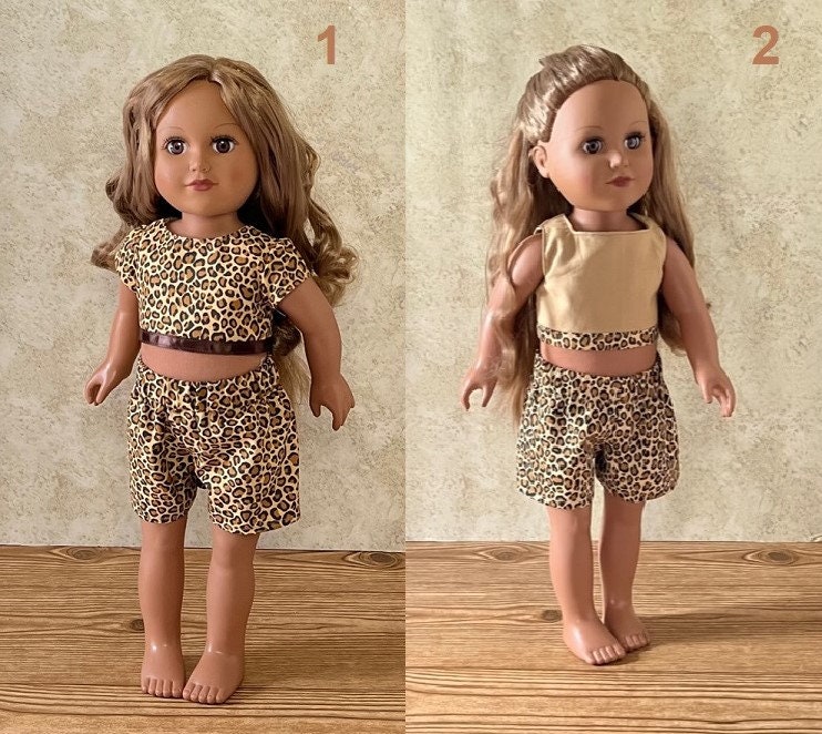 and_beanie's tweet photo. Hurry While They Last! 18in Cheetah / Leopard Print Brown &amp; Beige Doll Shorts &amp; Crop Top Handmade For American Dolls &amp; Other 18in Dolls #cheetahdollshorts #cheetahdollclothes #tandollshortset #americangirldoll #18indollclothes #summerdollclothes https://t.co/0zEomwHRTo https://t.co/pzihB5XWTE