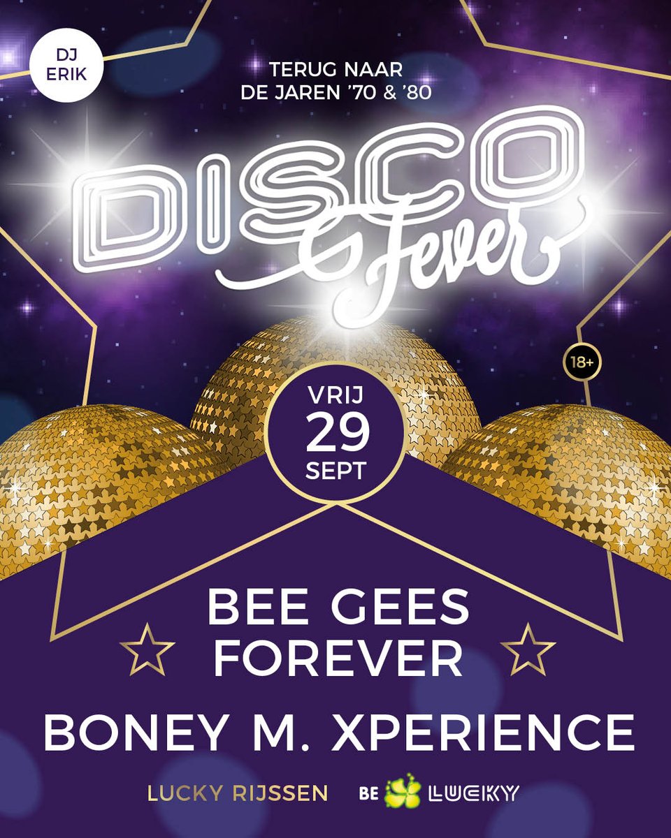 Disco Fever met Bee Gees Forever &amp; Boney M Experience en DJ Erik op vrijdag 29 september 2023 in Lucky Rijssen! 

Tickets 🎫: lucky.nl/events/disco-f…