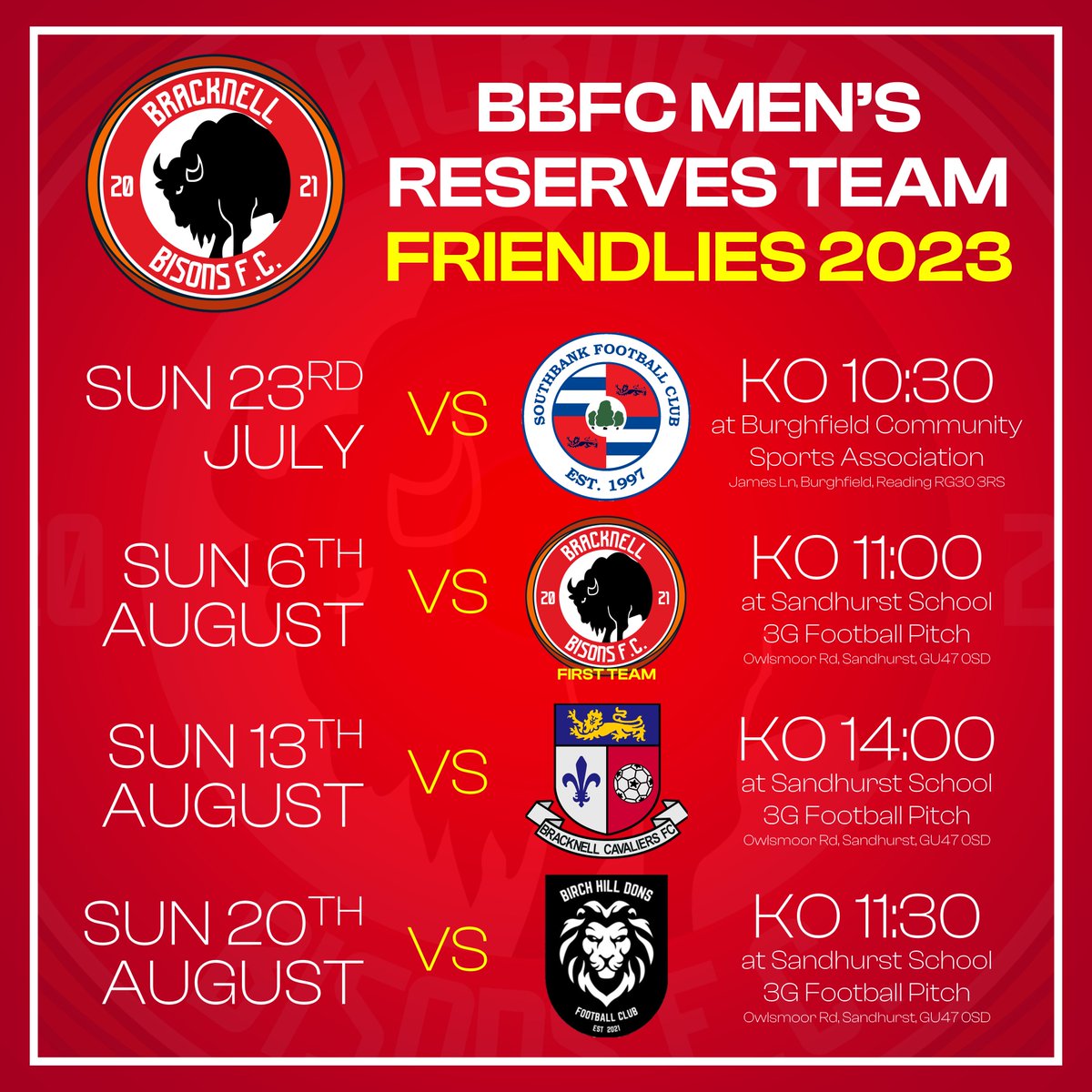 Bracknell Bisons Football Club (@bbisonsfc) on Twitter photo โฝ๏ธ๐๐๐๐ ๐๐ฅ๐๐๐ก๐๐๐๐๐ฆ ๐ฎ๐ฌ๐ฎ๐ฏ
Both our Men's Teams have Friendlies Booked with their first game on July 23rd against <a href="/BracknellHibs/">Bracknell Hibs FC</a> & <a href="/SouthbankFC/">Southbank FC</a>.
If anyone would be interested in playing against our Men's First Team on Aug 13th or 20th, please contact us ASAP. โฝ๏ธ๐๐๐๐ ๐๐ฅ๐๐๐ก๐๐๐๐๐ฆ ๐ฎ๐ฌ๐ฎ๐ฏ
Both our Men's Teams have Friendlies Booked with their first game on July 23rd against <a href="/BracknellHibs/">Bracknell Hibs FC</a> & <a href="/SouthbankFC/">Southbank FC</a>.
If anyone would be interested in playing against our Men's First Team on Aug 13th or 20th, please contact us ASAP.