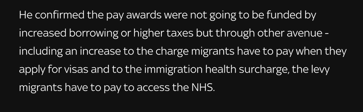 Medact's tweet image. The pay announcement today contains blatant dividing tactics from this Government, yet again aiming to pit the fight for fair public sector pay against a just immigration system.

Doubling a discriminatory tax on migrant visas wont fund pay increases 🧵

news.sky.com/story/millions…