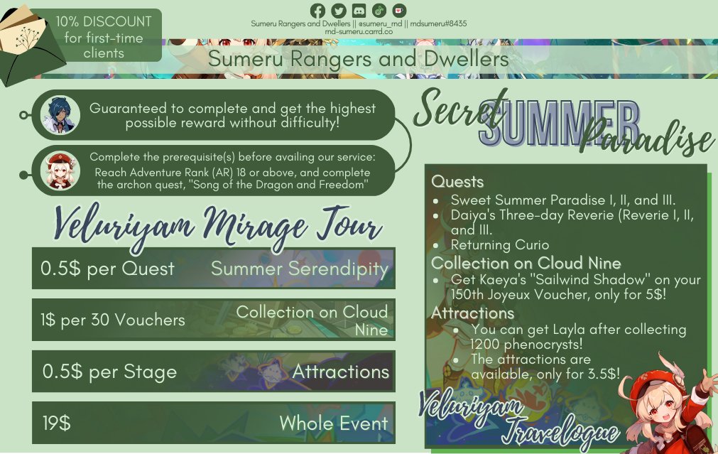 TSErudites's tweet photo. 🌿Secret Summer Paradise is here! For 19$ you can avail the entire event, and if you are a first-time client, you can get a 10% discount!

🌿You can also avail separately. Simply tap the image to view our prices!

#genshinimpact #genshin #genshintwt #genshinpilot #genshinpiloting https://t.co/xHsRnM823s
