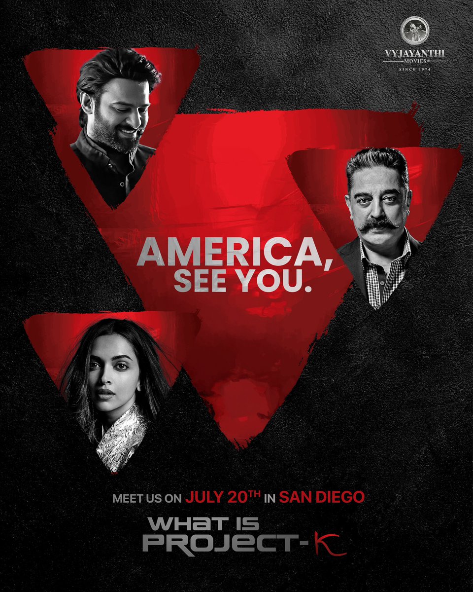 VyjayanthiFilms's tweet photo. Hello, America! 🇺🇸 
Meet India's Biggest Superstars. 
See you in San Diego on July 20th.
Lots of exciting details are coming your way.

@ikamalhaasan #Prabhas @deepikapadukone

#ProjectK #WhatisProjectK https://t.co/BDqOqur2H7