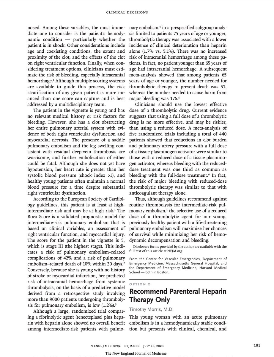 ProfMakris's tweet photo. Interesting debate in @NEJM this week as to whether selected patients with intermediate risk pulmonary embolism should receive thrombolysis in addition to standard heparin based therapy. #thrombosis #PE https://t.co/Z3U4KSue3f