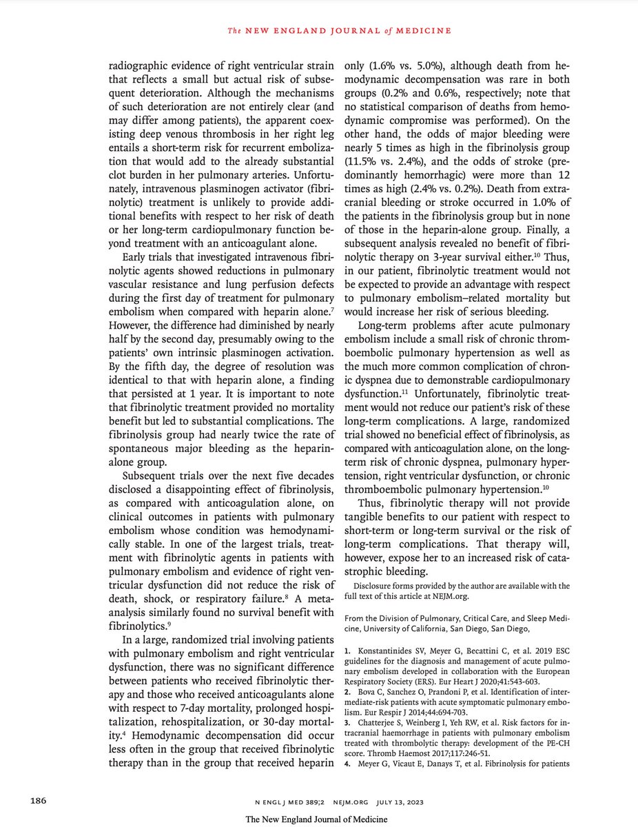 ProfMakris's tweet photo. Interesting debate in @NEJM this week as to whether selected patients with intermediate risk pulmonary embolism should receive thrombolysis in addition to standard heparin based therapy. #thrombosis #PE https://t.co/Z3U4KSue3f