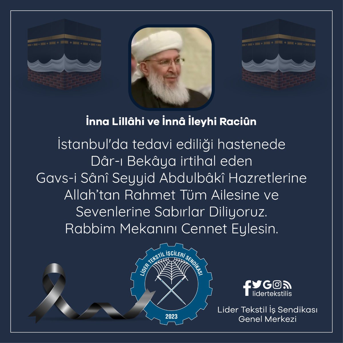 serhattaylan91's tweet photo. İnna lillah ve inna ileyhi raciun. 
İstanbul'da tedavi ediliği hastenede Dâr-ı Bekâya irtihal eden Gavs-i Sânî Seyyid Abdulbâkî Hazretlerine Allah’tan Rahmet Tüm Ailesine Ve Sevenlerine Sabırlar Diliyoruz. 
Rabbim Mekanını Cennet Eylesin. https://t.co/Z7GtYVPfFW