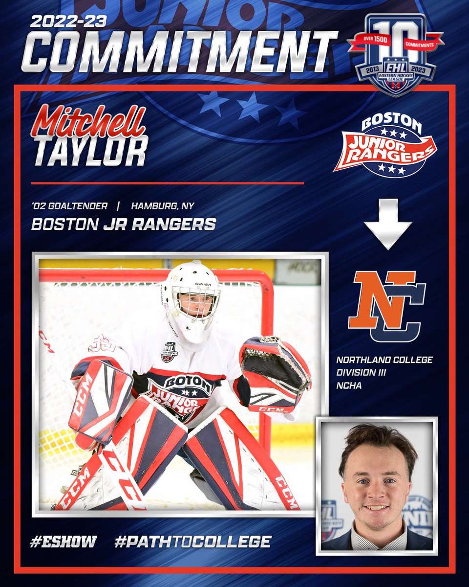 🚨 committed 🚨 

Congrats to our 2 time champion <a href="/EHLpremier/">EHL Premier</a> and <a href="/EHL_Hockey/">Eastern Hockey League</a> goalie Mitch Taylor on his NCAA commitment to <a href="/LumberJackHKY/">Northland College MHKY</a> !  Mitch’s work ethic and team first mentality will bring him success at the next level.  Congrats Mitch!! #LetsGo