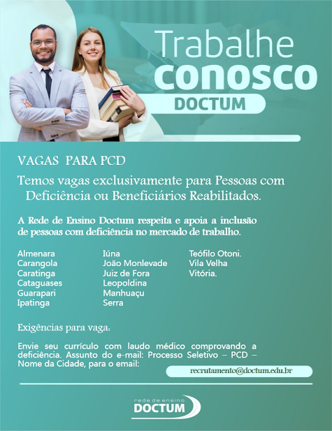 rededoctum's tweet photo. Vagas na Rede de Ensino Doctum:

✨ [PERMANENTE] ✨

📌 Vagas exclusivas para PCD Permanente

Envio do currículo para o e-mail: recrutamento@doctum.edu.br
#vagas #doctum #curriculo #emprego #pcd https://t.co/MFRT9MEJKJ