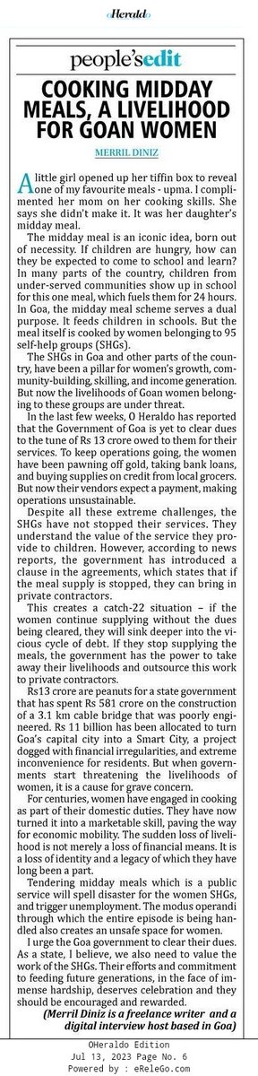 MerrilD's tweet image. .@oheraldogoa Thanks for publishing my column, which sheds light on 95 women #selfhelpgroups whose livelihoods are threatened. These ladies prepare the #midday meal in Goa - please help spread the word 🙏 #women #Work #FinancialFreedom