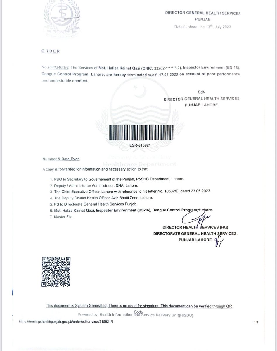 DCLahore's tweet photo. Two #Inspector Environment of grade 16 have been #dismissed from service on account of negligence in #dengue duty. #ZeroTolerance for #slackness
#Lahore #Health #Healthcare
@CS_Punjab @commissionerlhr @RandhawaAli https://t.co/eqzqnIQ1N5