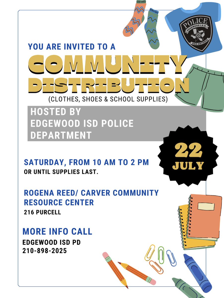 EISDPDofSA's tweet photo. Good morning Edgewood! See the flyer below for information about our upcoming Community Distribution. See you there! https://t.co/BfVg5no3ue