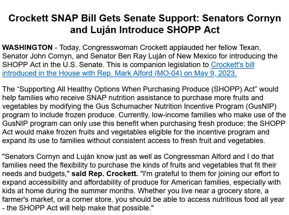RepJasmine's tweet photo. Thank you to @SenatorLujan and my Senator, @JohnCornyn, for introducing our SHOPP Act in the Senate. One step closer to making fresh and frozen produce affordable and accessible to all - wherever you live! https://t.co/bpGTg2ZqDZ