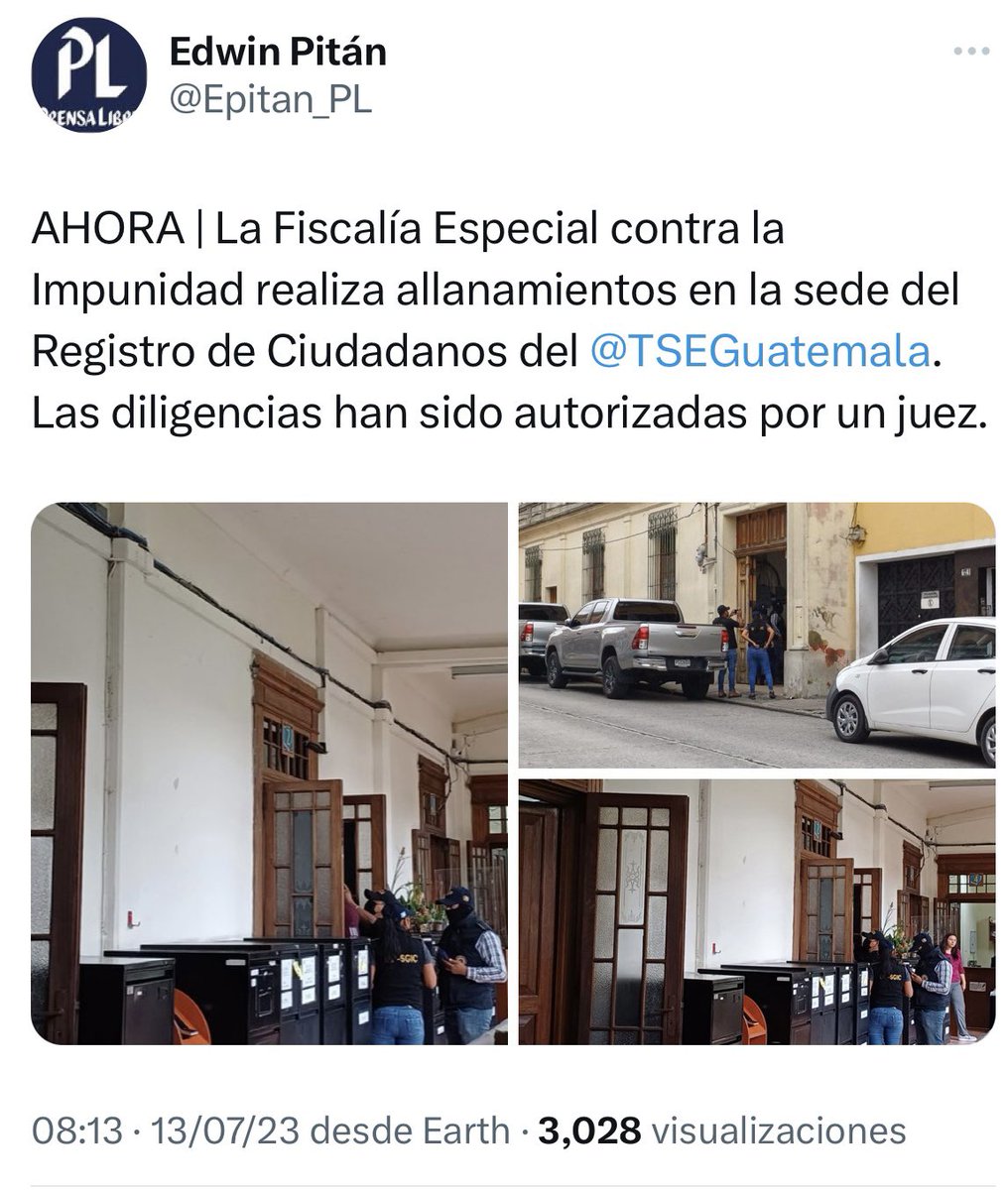ManfredoGuate's tweet photo. 🚨URGENTE. La FECI se encuentra allanando el registro de organizaciones políticas en las instalaciones del TSE. Esta acción inaudita e inaceptable busca poner fin a la democracia que tanto sacrificio humano costo en los últimos 50 años. Un pequeño grupo de funcionarios corruptos atropella la voluntad de todo un pueblo 🗳️🇬🇹👀🔍👇🏾