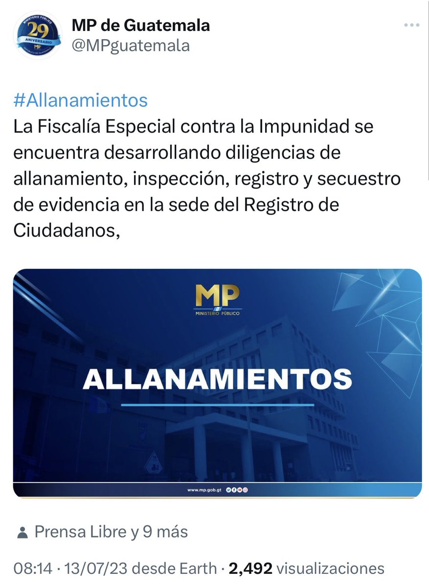 ManfredoGuate's tweet photo. 🚨URGENTE. La FECI se encuentra allanando el registro de organizaciones políticas en las instalaciones del TSE. Esta acción inaudita e inaceptable busca poner fin a la democracia que tanto sacrificio humano costo en los últimos 50 años. Un pequeño grupo de funcionarios corruptos atropella la voluntad de todo un pueblo 🗳️🇬🇹👀🔍👇🏾
