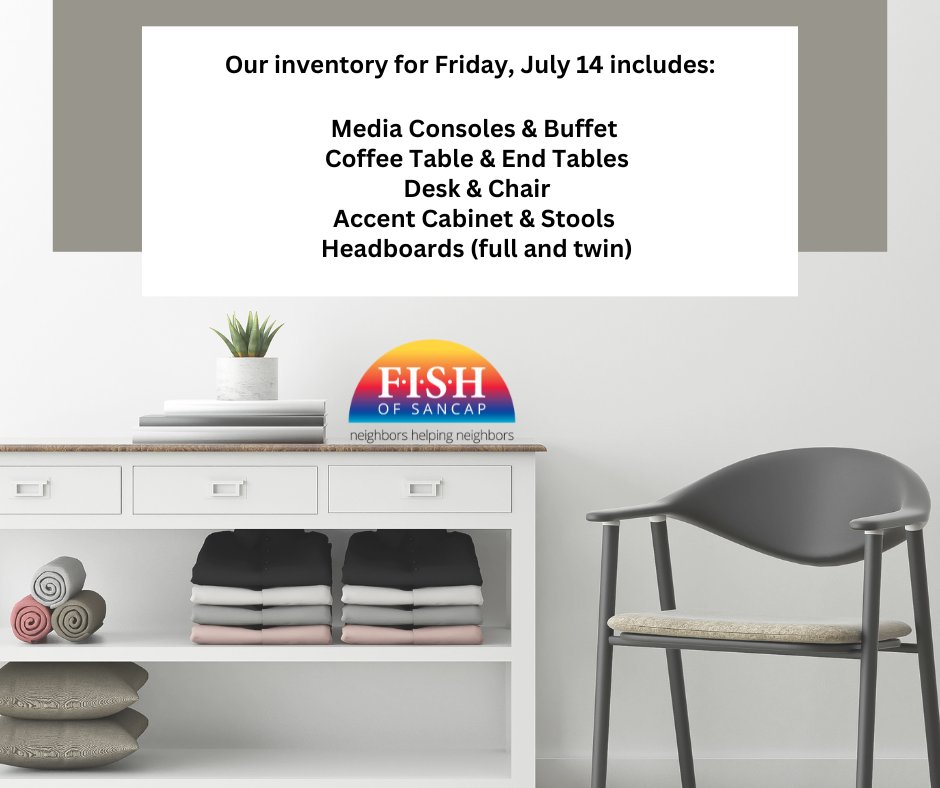 FISHOFSANCAP's tweet photo. Furniture distribution with our partner United Way and the POD program is Fri., July 14 from 10:00a-2:00p! Hope to see you there! https://t.co/sPtedI2J1j