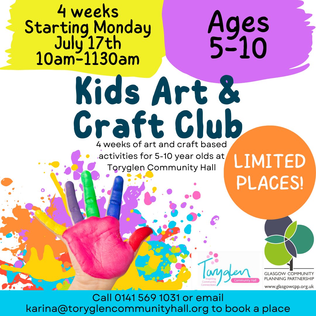FREE kids Art &amp; Craft Club for 4 weeks starting next Monday 17th of July - for ages 5 to 10 at Toryglen Community Hall. Let us know ASAP if you would like your child to attend as places are limited! Registration is also required by parents or guardians at the first session.