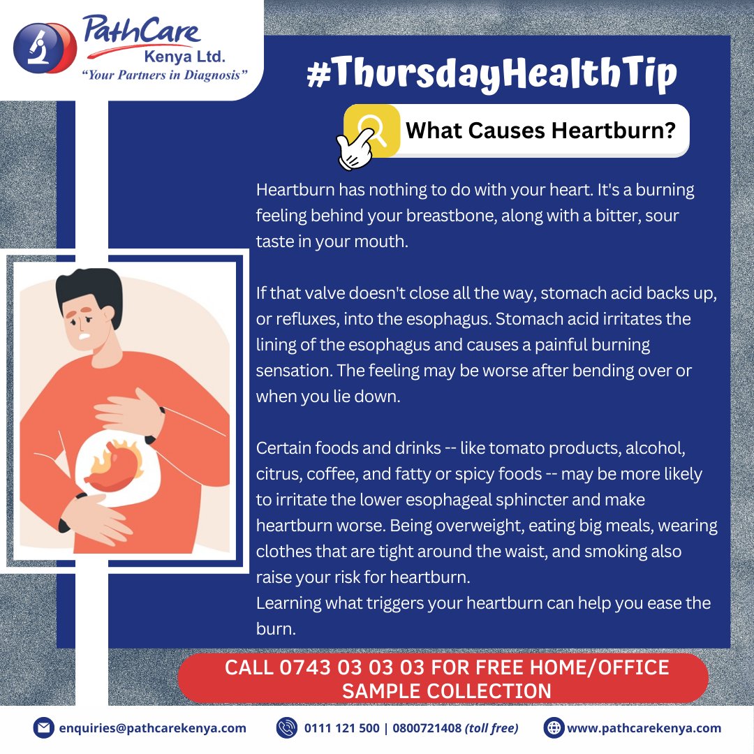 PathcareKenya's tweet photo. Have you ever asked yourself what causes heartburn?
Find out below 👇
#ThursdayHealthTip
#PathToCare
#PathologyThatAddsValue https://t.co/TTR1HGdDuI