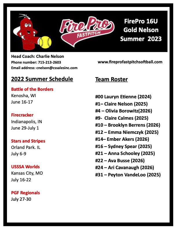 LaurynEtienne12's tweet photo. FirePro Gold 16U-Nelson @website_fire is headed to KC for the USA-ES World Fastpitch Championships.  Coaches, come and check us out. Pool schedule ⬇️ .
@NorseSoftball @RenaeHartl @packwsoftball @LorasSoftball @BlugoldCoachH @WartburgSB @taylord2013 @CUW_SB @crook41 @CoachShep7 https://t.co/qAhKszbqZW