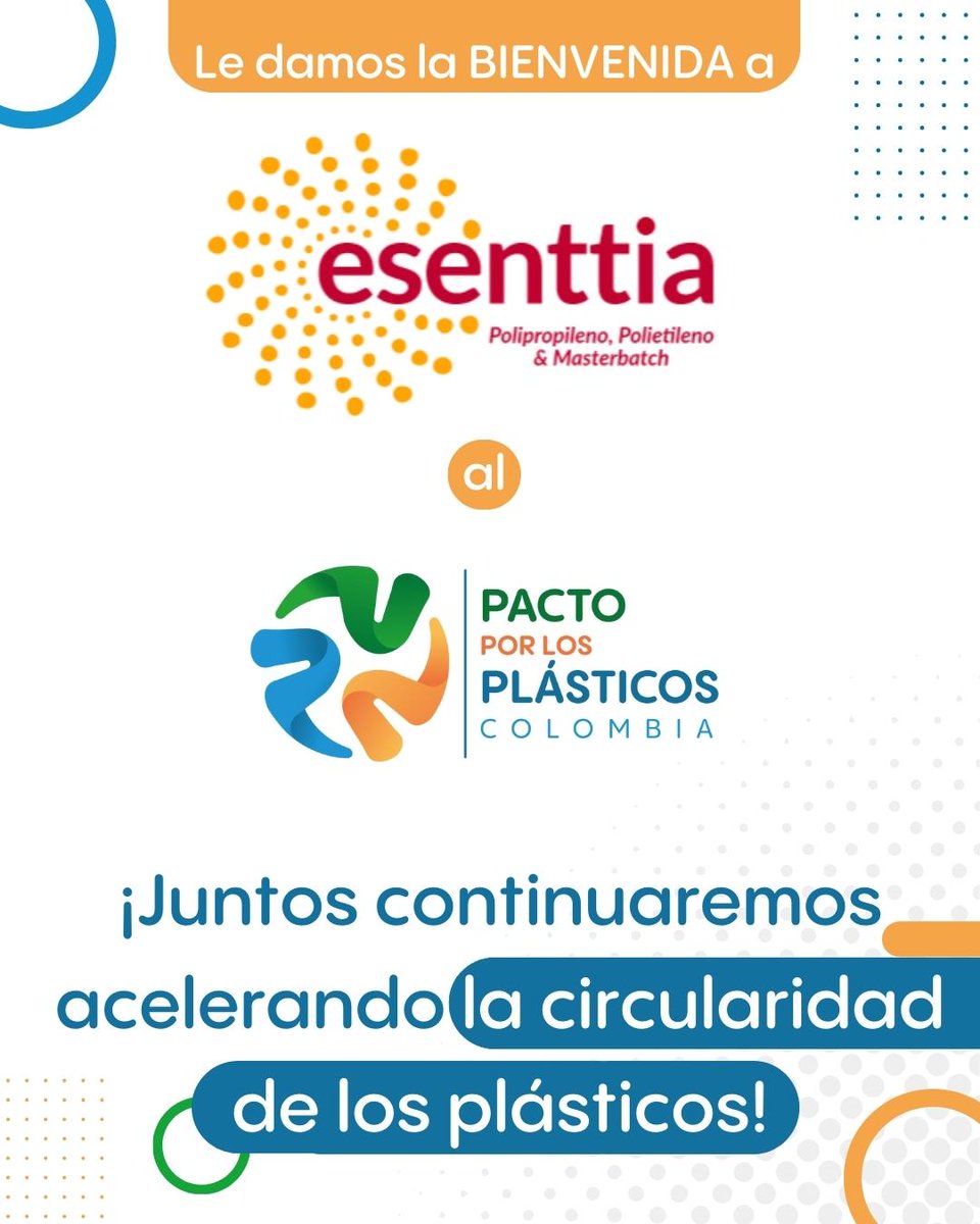 CEMPRE_COLOMBIA's tweet image. ¡Gran noticia! Nos complace anunciar que se ha unido un nuevo miembro al #PactoPorLosPlásticosColombia♻️

Le damos bienvenida a @EsenttiaSA, quien se suma como nuevo miembro de esta plataforma colaborativa 🔄.

¡Bienvenidos al pacto! 🤝

#Cempre #Esenttia