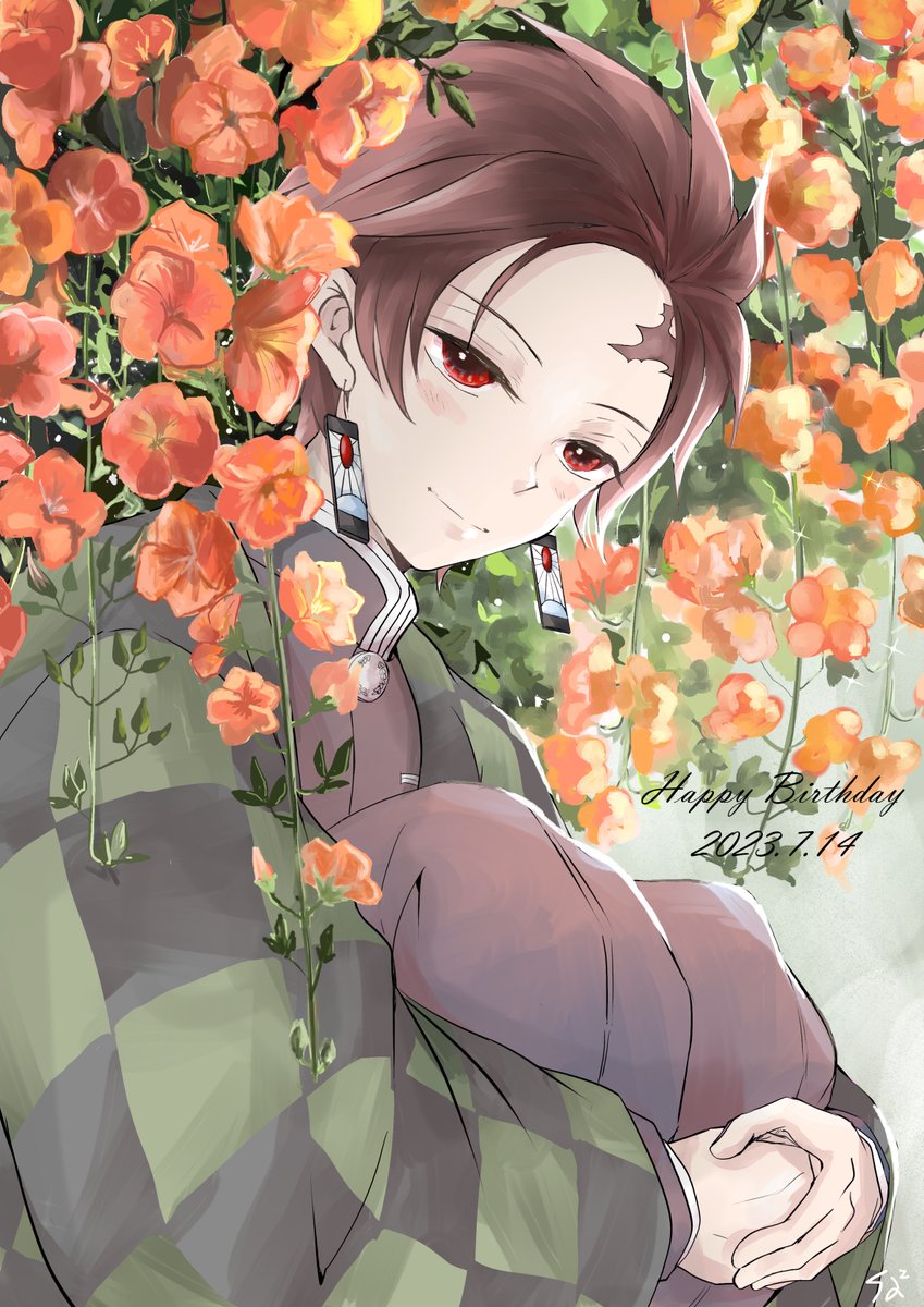 kamado tanjirou 1boy scar on forehead male focus solo flower red eyes scar  illustration images