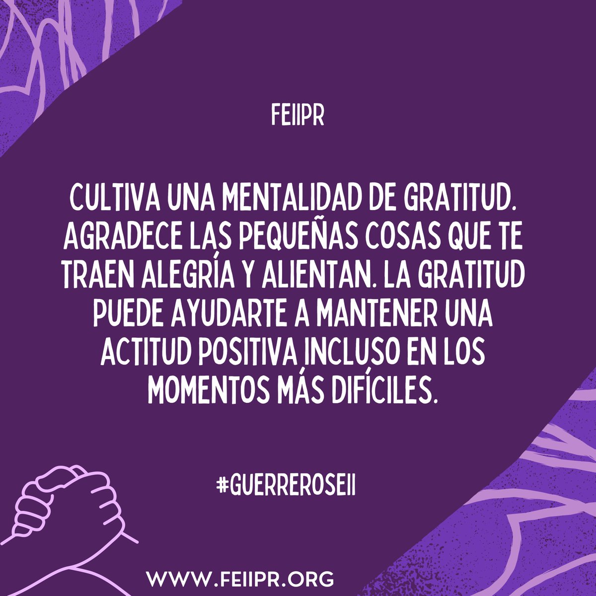 FEIIPR's tweet photo. 💜 Cultiva una mentalidad de gratitud. Agradece las pequeñas cosas que te traen alegría y alientan. La gratitud puede ayudarte a mantener una actitud positiva incluso en los momentos más difíciles. 💜
 #FEIIPR
#GuerrerosEII
#HeroesEII
#ColitisUlcerosa
#EnfermedadDeCrohn https://t.co/lXdexyXVmm