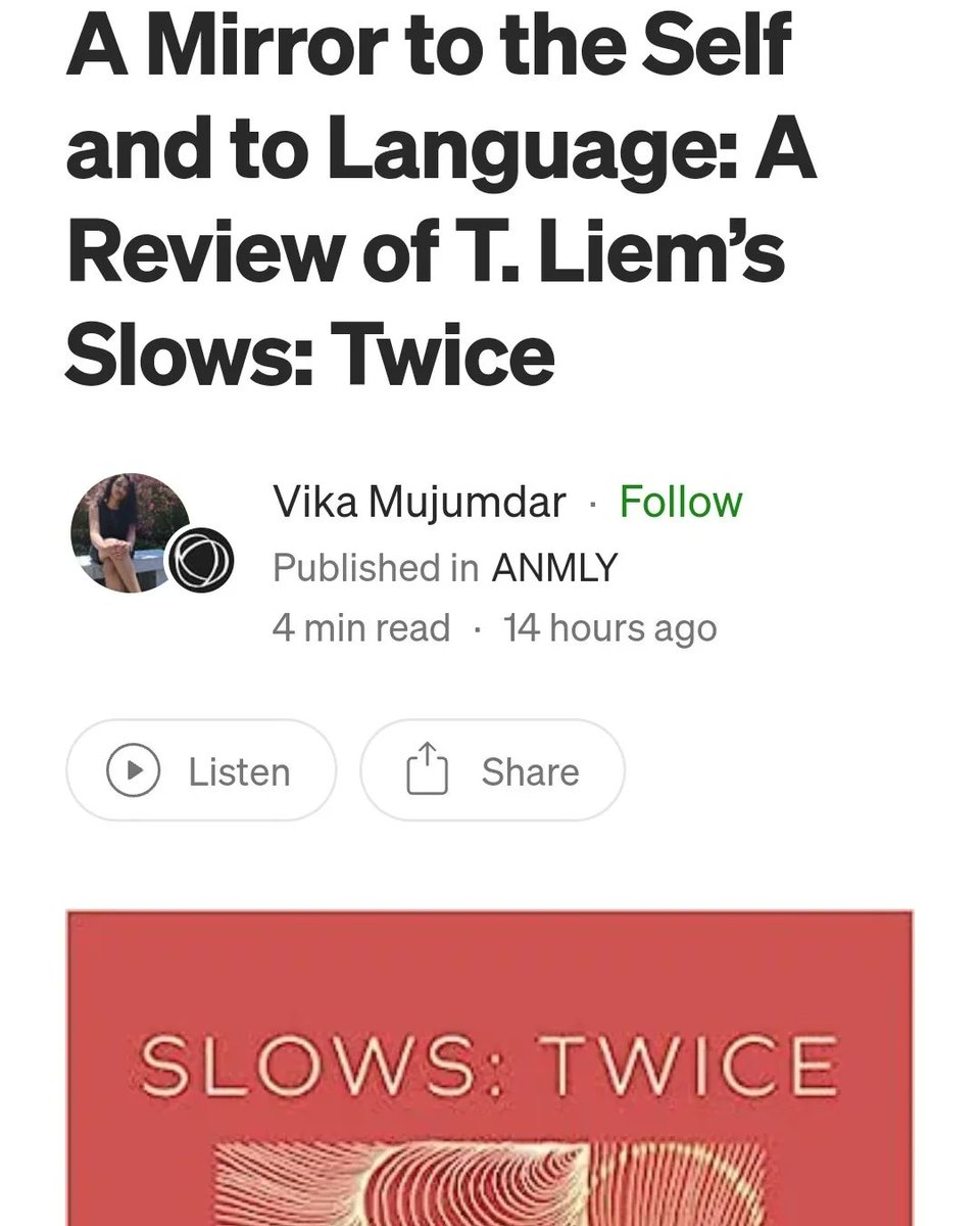 jojo Lazar (@poetesss) on Twitter photo @vikamujumdar wrote another wonderful poetry book review! Up at <a href="/ANMLY_LIT/">ANMLY :: Anomaly :: Anomalous Press</a> Blog, Poetic Conversations column. On T. Liems's SLOWS: TWICE
"...Time is disrupted, visually on the page here; time is understood, complicated, un-understood, understood again." tinyurl.com/SlowsTwice @vikamujumdar wrote another wonderful poetry book review! Up at <a href="/ANMLY_LIT/">ANMLY :: Anomaly :: Anomalous Press</a> Blog, Poetic Conversations column. On T. Liems's SLOWS: TWICE
"...Time is disrupted, visually on the page here; time is understood, complicated, un-understood, understood again." tinyurl.com/SlowsTwice