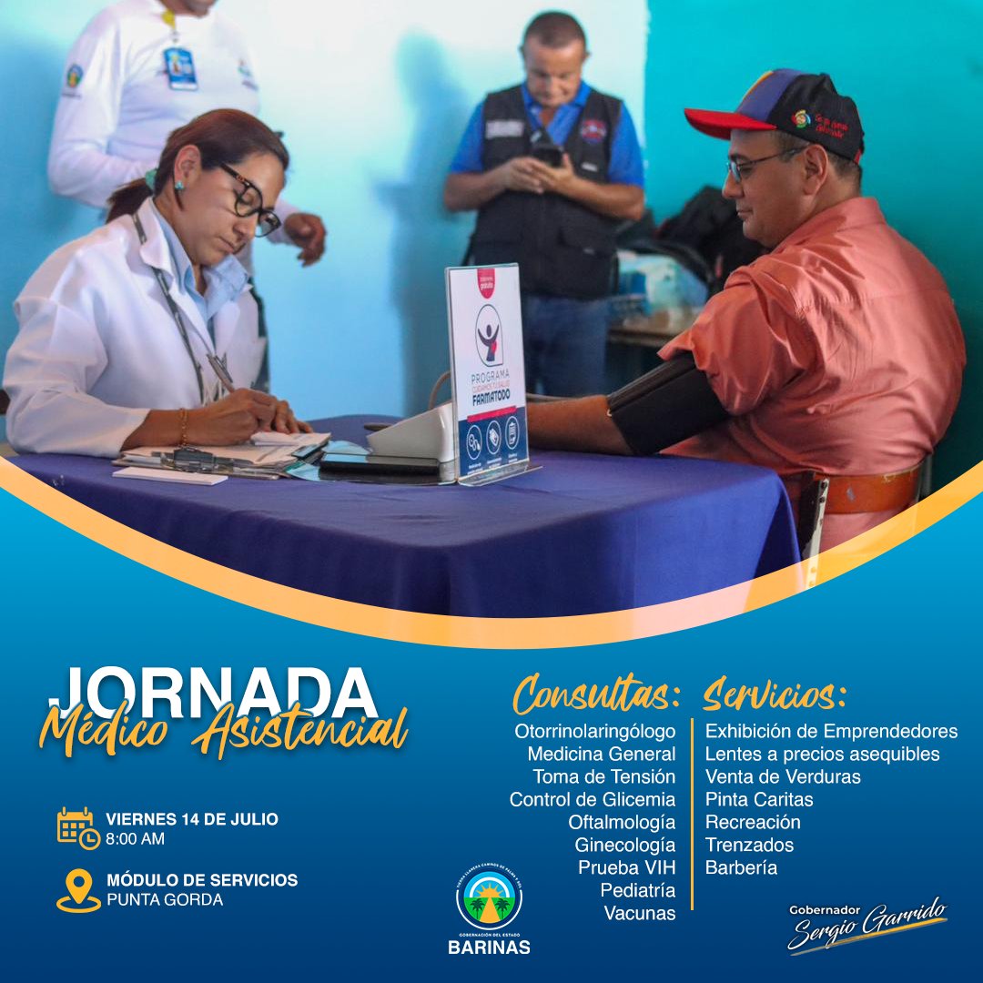 ¡Acompáñanos mañana!

Disfruta junto a tu familia, amigos y vecinos de nuestra Jornada Médico Asistencial 

📍 Ubicación: Módulos de Servicios - Punta Gorda, mcpio Barinas

⏰ Hora: 8:00am