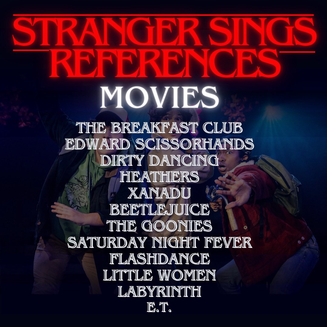 Tune in to our streaming event this weekend and see if you can find all these iconic movie references hidden throughout the show! 

Go to strangersings.stellartickets.com/events/strange… to see what showtimes are offered in your time zone!

#strangersingsmusical #strangerthings #justiceforbarb #barb
