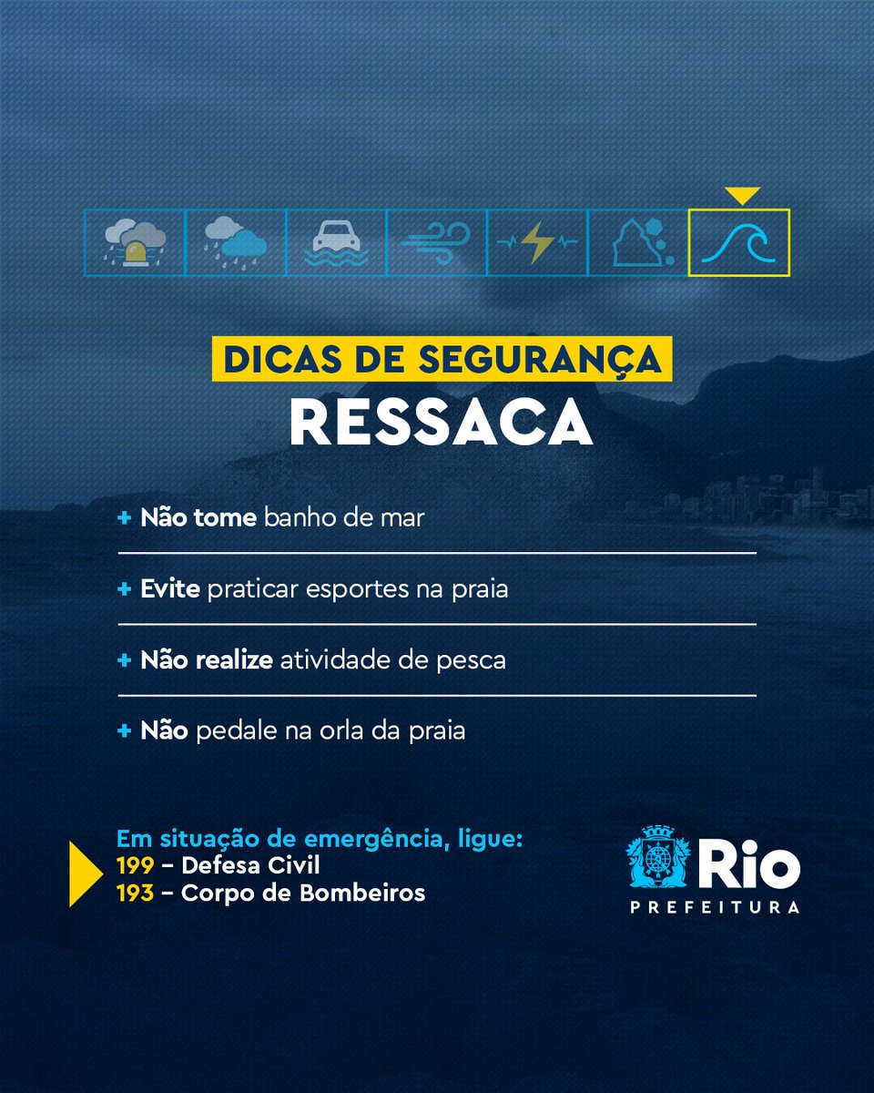 Prefeitura_Rio's tweet photo. Atenção redobrada, cariocas. 

⚠️ Ondas de 2,5 a 4 metros de altura podem atingir o Rio a partir das 21h de hoje, 13/07. https://t.co/uVxd40bQlW