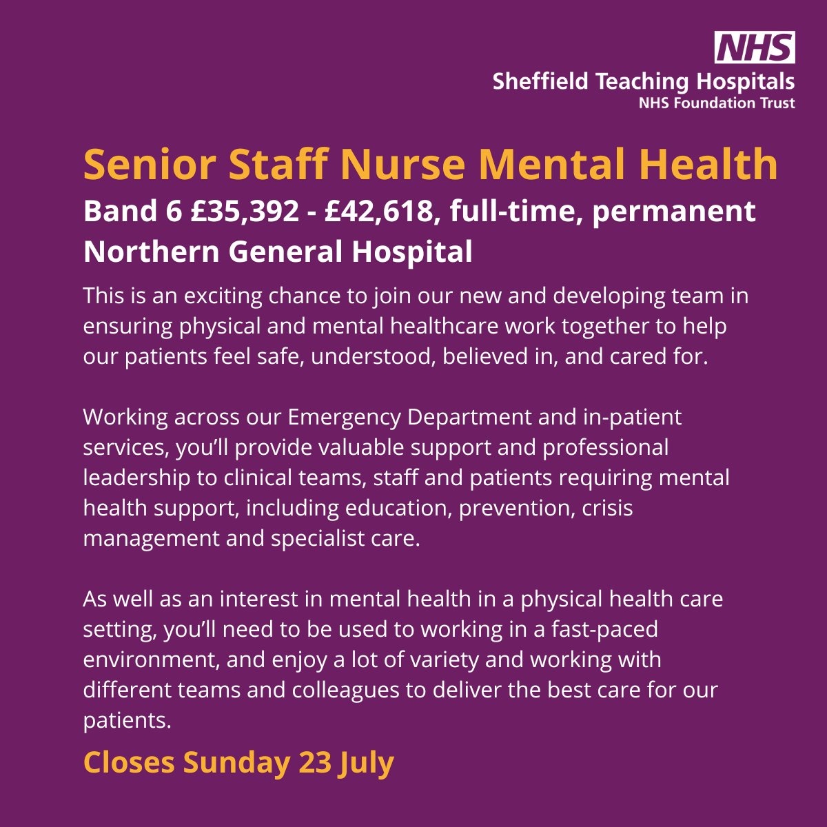 📢Job
We're looking for a Senior Staff Nurse to join our #MentalHealthNursing Team!

Find out more and apply here 👇
sth.nhs.uk/work-for-us/jo…
#NHSjobs #MentalHealthJobs