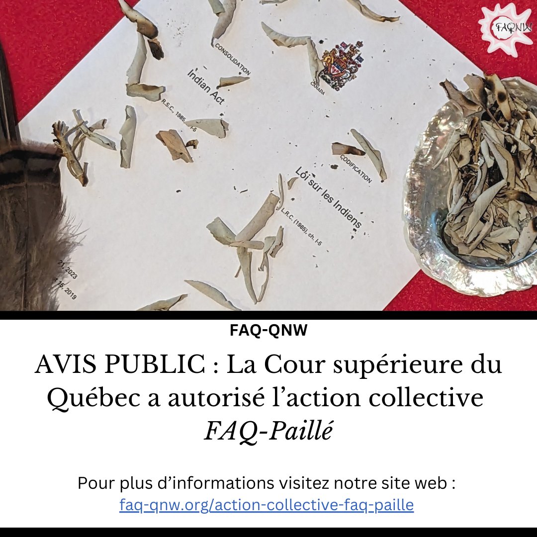 FAQQNW's tweet image. AVIS PUBLIC : La Cour supérieure du Québec a autorisé l'action collective FAQ-Paillé. Pour plus d'informations, visitez notre site web:
faq-qnw.org/action-collect…