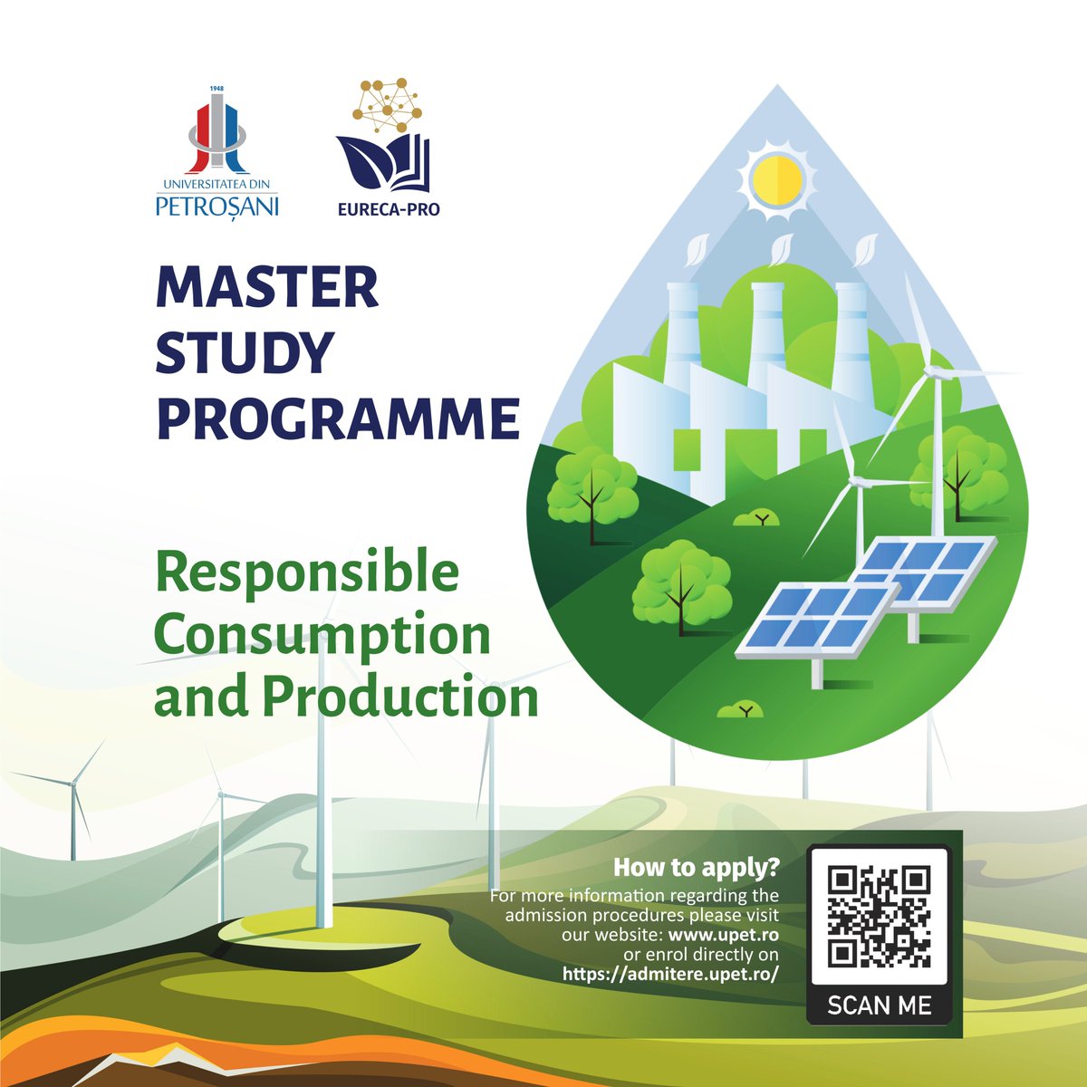 🔵 Master Study Programme 𝗥𝗲𝘀𝗽𝗼𝗻𝘀𝗶𝗯𝗹𝗲 𝗖𝗼𝗻𝘀𝘂𝗺𝗽𝘁𝗶𝗼𝗻 𝗮𝗻𝗱 𝗣𝗿𝗼𝗱𝘂𝗰𝘁𝗶𝗼𝗻
💻Apply online between 𝟯-𝟭𝟰 𝗝𝘂𝗹𝘆 on UPET Admission website:
admitere.upet.ro

#Admitere #UPet #master #EurecaPro #responsibleproduction #responsibleconsumption
