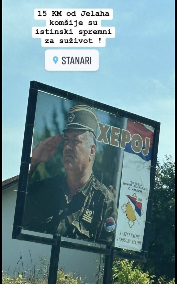 BosnianHistory's tweet photo. In the village of Stanari, near Jelah, this billboard dedicated to murderer Ratko #Mladic appeared during the 28th anniversary of the #Srebrenica genocide. https://t.co/JlOZnMzzG8