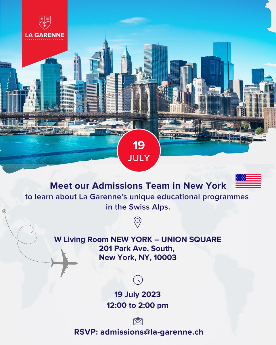 La Garenne International School Switzerland (@la_garenne) on Twitter photo โน๏ธ ๐๐ ๐๐๐ซ๐๐ง๐ง๐ ๐จ๐ง ๐๐จ๐ฎ๐ซ - Meet our Admissions Team in the USA to learn about La Garenne's unique educational programmes in the Swiss Alps.
๐ง ๐๐๐๐:
admissions@la-garenne.ch
๐
๐๐ฎ๐๐ฒ:
19 July 2023 - New York โน๏ธ ๐๐ ๐๐๐ซ๐๐ง๐ง๐ ๐จ๐ง ๐๐จ๐ฎ๐ซ - Meet our Admissions Team in the USA to learn about La Garenne's unique educational programmes in the Swiss Alps.
๐ง ๐๐๐๐:
admissions@la-garenne.ch
๐
๐๐ฎ๐๐ฒ:
19 July 2023 - New York