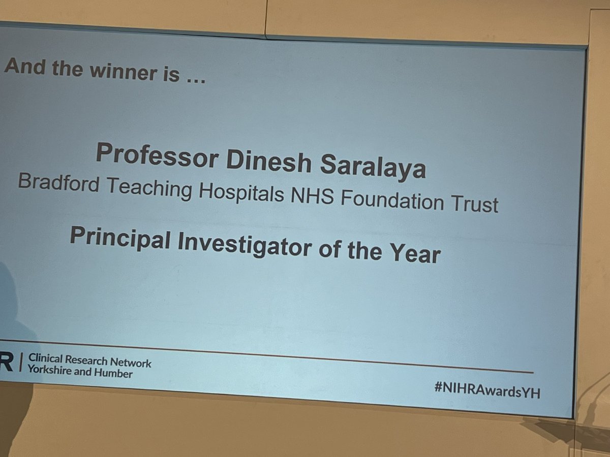 Tracy Watson (@tracymwatson) on Twitter photo And he’s done it! <a href="/SaralayaD/">Professor Dinesh Saralaya</a> Principal investigator of the year. At #NIHRAwardsYH @PRCBradford <a href="/CityOfResearch/">CityOfResearch</a> <a href="/BTHFT/">Bradford Teaching Hospitals NHS FT</a> <a href="/docjohnwright/">John Wright</a> And he’s done it! <a href="/SaralayaD/">Professor Dinesh Saralaya</a> Principal investigator of the year. At #NIHRAwardsYH @PRCBradford <a href="/CityOfResearch/">CityOfResearch</a> <a href="/BTHFT/">Bradford Teaching Hospitals NHS FT</a> <a href="/docjohnwright/">John Wright</a>