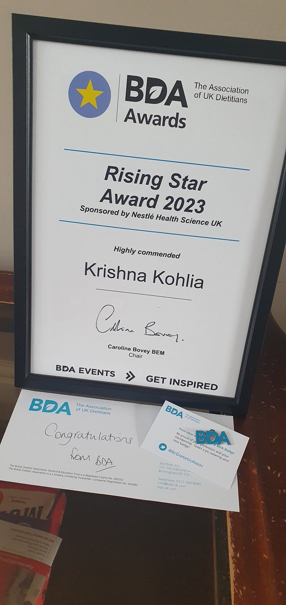 Proud moment, recieved my <a href="/BDA_Dietitians/">British Dietetic Association</a> #BDAaward for highly commended rising star certificate in the post today 😄
Thank you <a href="/Ruth_quinny/">Ruth Quinn</a>, <a href="/UHBTherapy/">UHB Therapy Services</a> and <a href="/BDA_Oncology/">BDA Oncology Specialist Group</a> for all the opportunities and support.