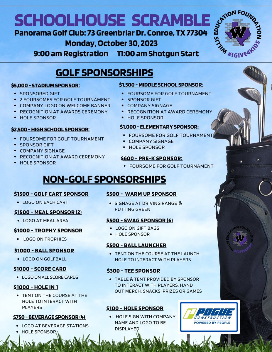 WillisisdF's tweet photo. Want to bring innovation into our classrooms? Partner with us through one of our non-golf sponsorships and help us give back to Willis ISD classrooms!
#igive4kids https://t.co/nCHwznS354
